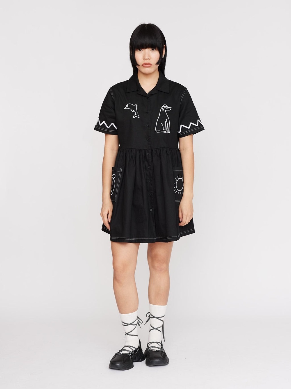 Lazy Oaf Feeling Fine Smock Mini Shirt Dress Black Graphic Art School  UK 6